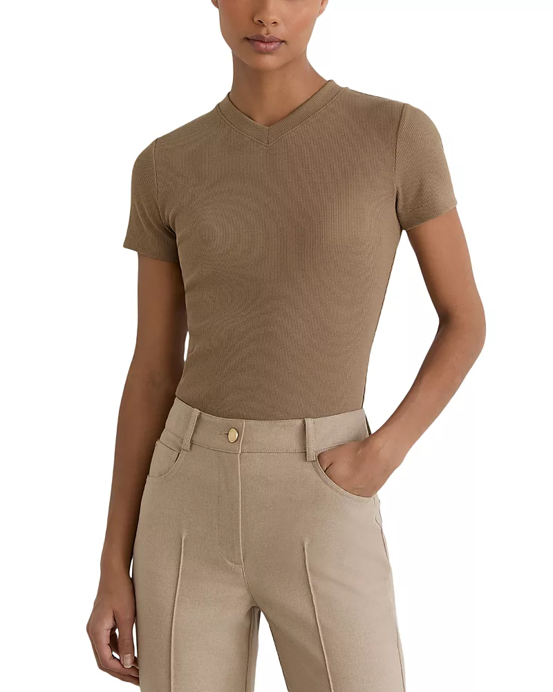 Reiss Addison Cotton Stretch High V Neck Ribbed Tee
