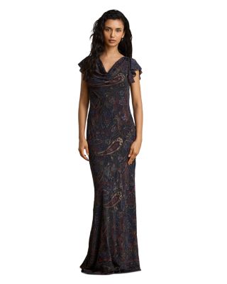 Clipped Jacquard Cowl Neck Gown