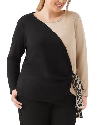 Plus Size Colorblock Long Sleeve Satin Bow Top