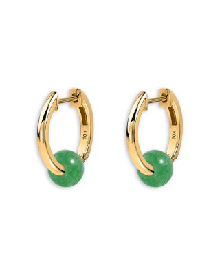 10K Yellow Gold Dark Green Quartzite Bead Hoop Earrings
