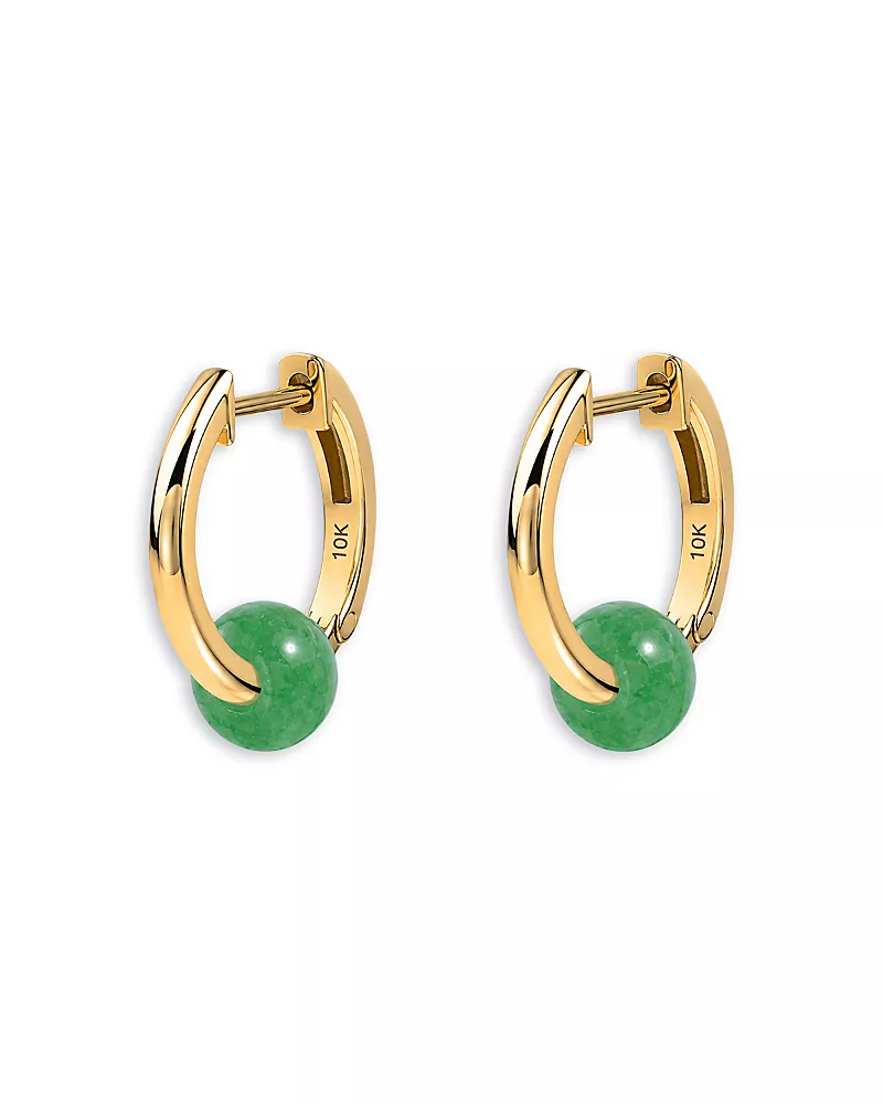 Moon & Meadow 10K Yellow Gold Dark Green Quartzite Bead Hoop Earrings