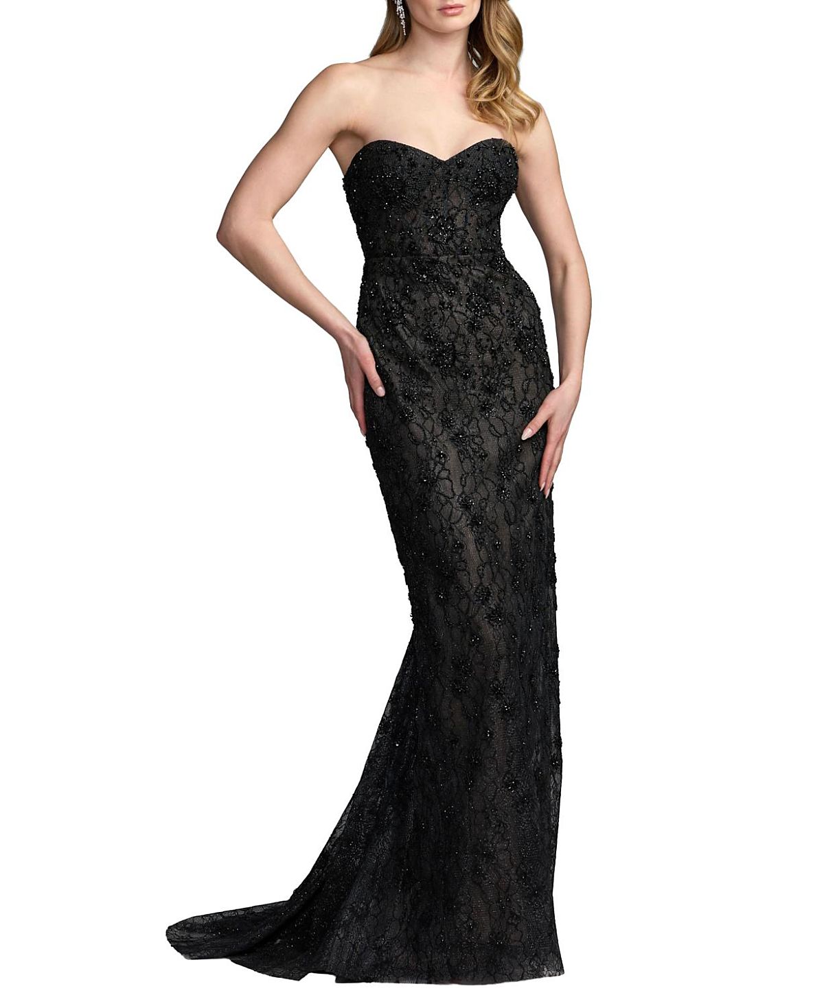 Mac Duggal Beaded Satin Rose Cape Strapless Bustier Gown