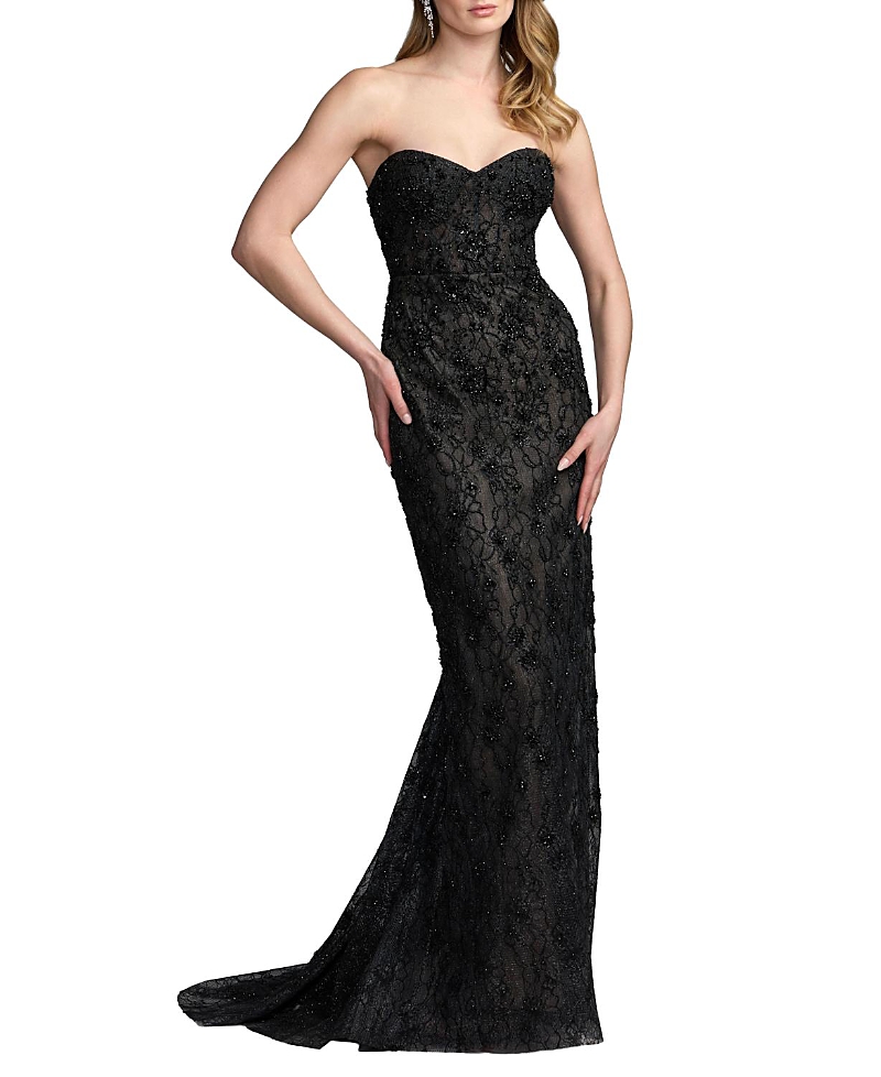 Mac Duggal Beaded Satin Rose Cape Strapless Bustier Gown