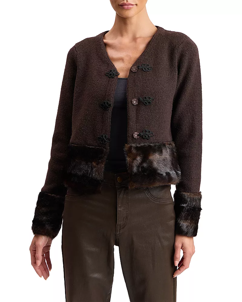 Avec Les Filles Faux Fur-Trim Cardigan Sweater