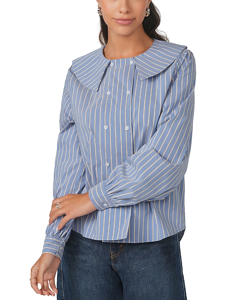 Point Cotton Blend Double Breasted Blouse In Dark Blue Multi Stripe