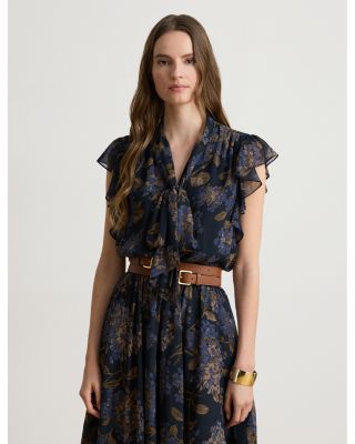 Petite Floral Crinkle Georgette Tie Neck Maxi Dress