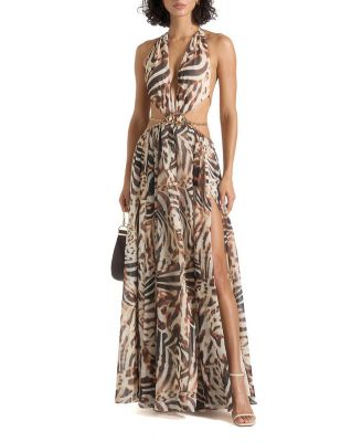 June Chain Belt Cut-out Georgette Halter Maxi Dress