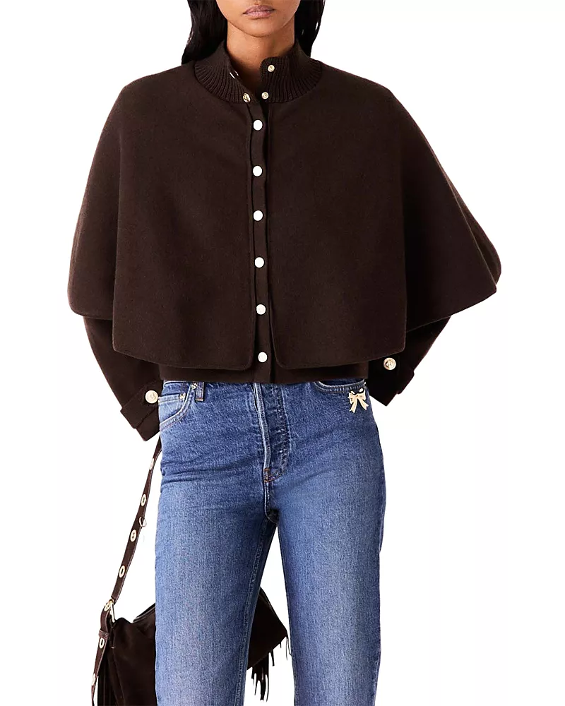 Maje High Neck Cape Layered Cardigan Sweater