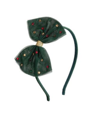  Girls' Emerald Rhinestone Christmas Tulle Bow Headband - Little Kid, Big Kid