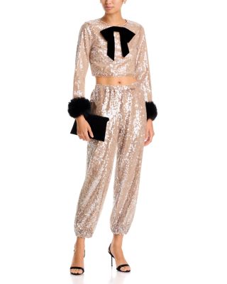 Flash Faux Fur Cuffs Embellished Top & Flash High Rise Sequin Pants