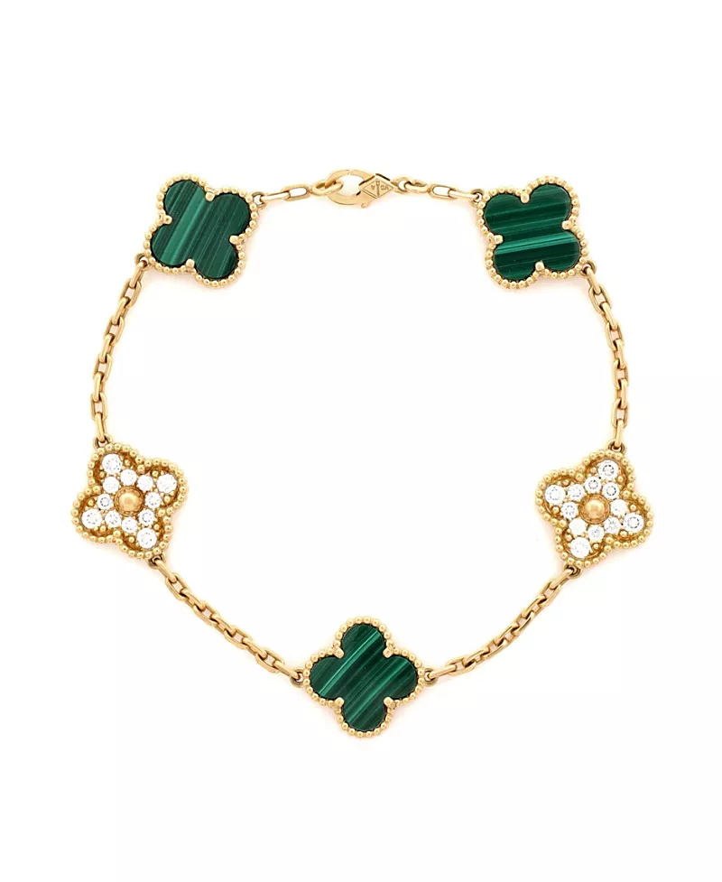 Pre-Owned Van Cleef & Arpels Vintage Alhambra 5 Motifs Bracelet 18K Gold and Malachite with Diamonds