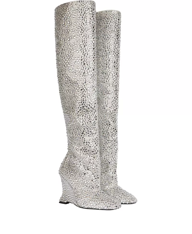Balmain Women's Wedge Thigh-High Satin Boots with Crystals