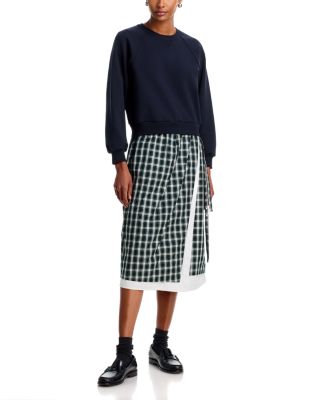 Cotton French Terry & Plaid Midi Dress