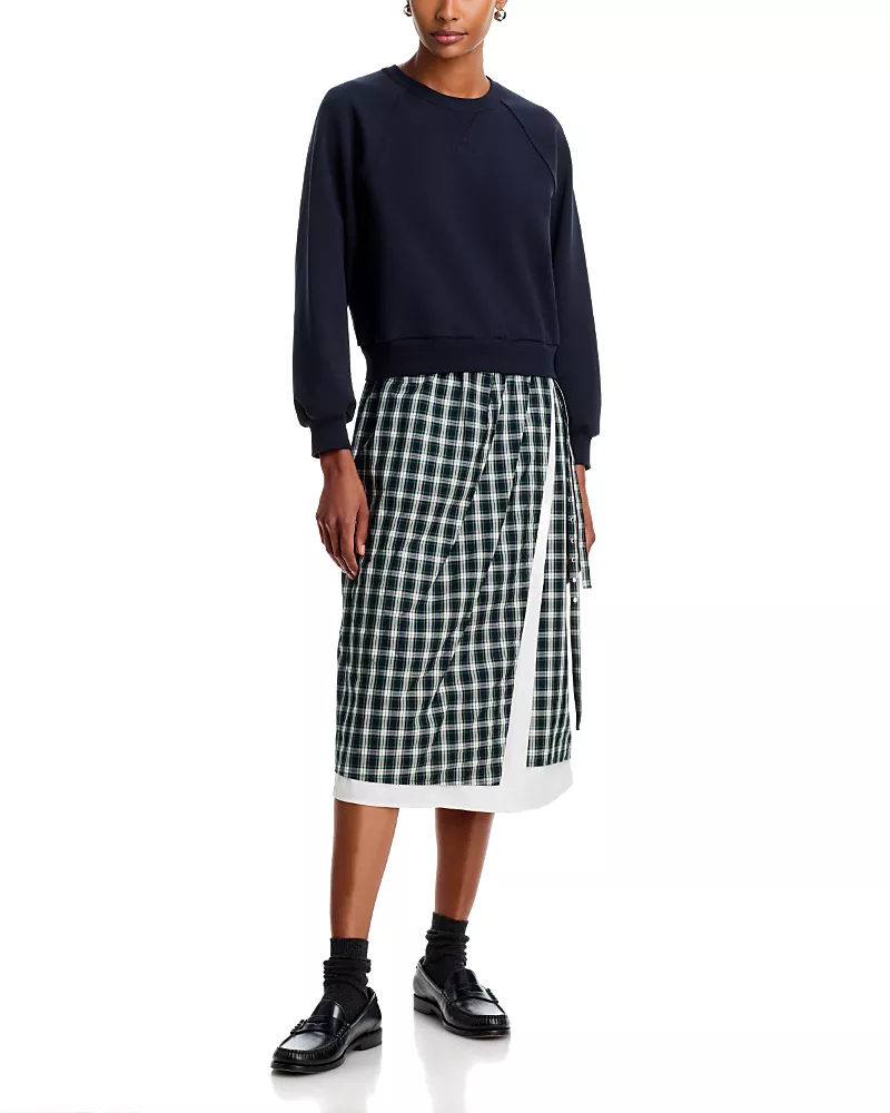 3.1 Phillip Lim Cotton French Terry & Plaid Midi Dress