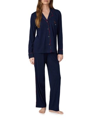 Cotton Blend Classic Knits Notch Collar Long Pants Pajama Set
