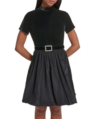 Mixed Media Belted Fit-and-Flare Dress