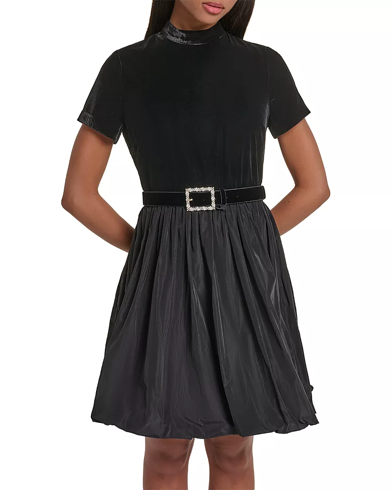 Karl Lagerfeld Mixed Media Belted Fit-and-Flare Dress