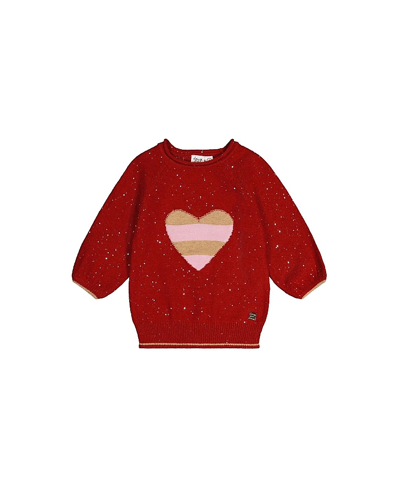 Deux par Deux Girls' 3/4 Sleeve Heart Graphic Ribbed Cuff Knitted Sweater - Little Kid