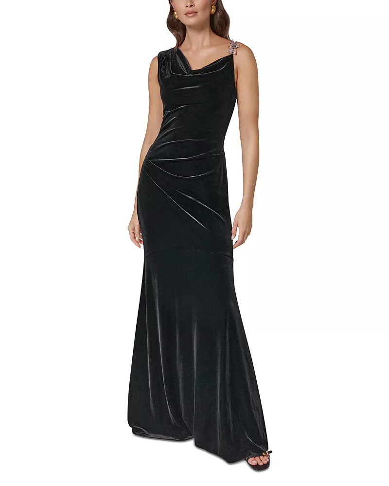 Donna Karan New York Velvet Beaded Strap Trumpet Gown