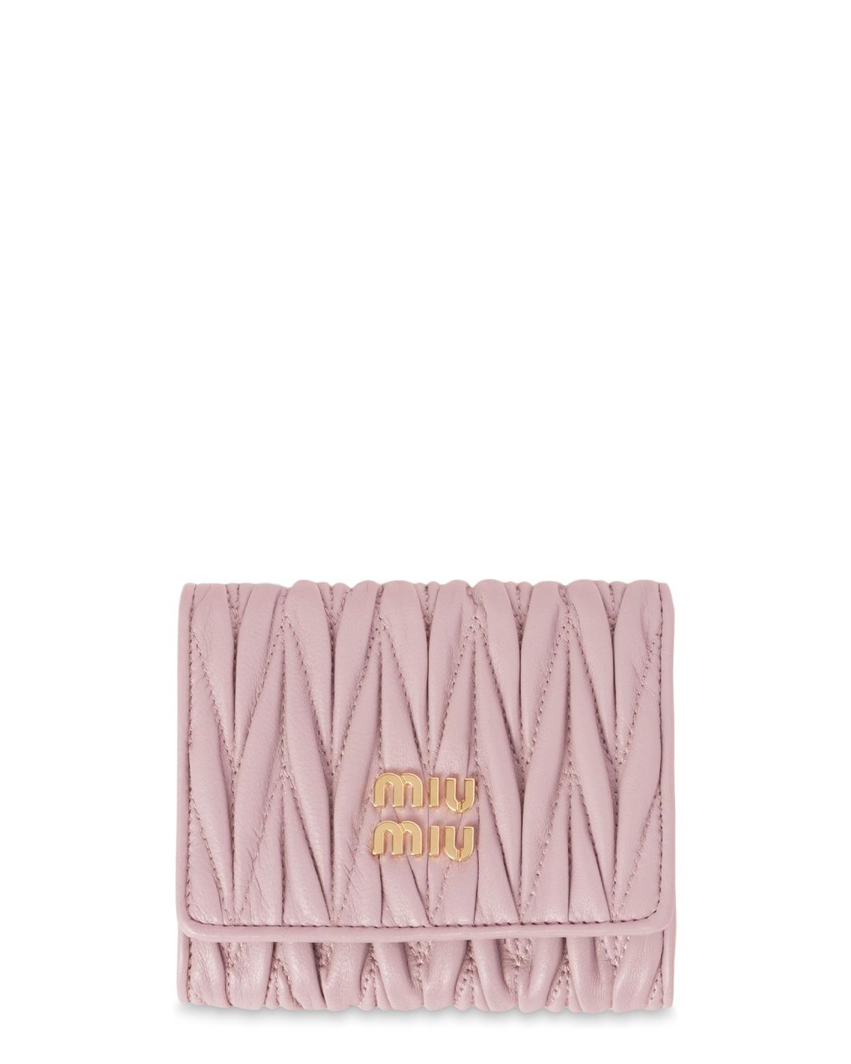 Miu Miu Small Matelasse Nappa Leather Three Fold Wallet in Alabaster Pink