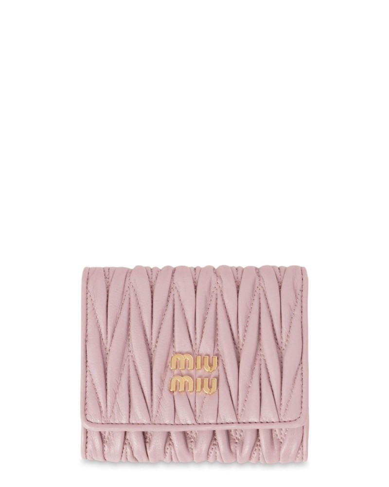 Miu Miu Small Matelasse Nappa Leather Three Fold Wallet in Alabaster Pink