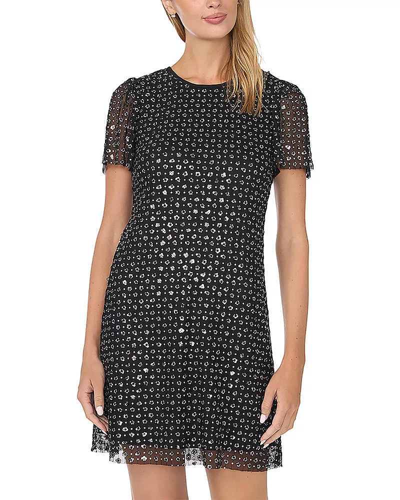 CeCe Printed Round Neck Mini Shift Dress