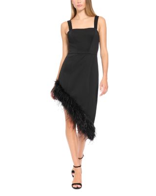 Donna Morgan Square Neck Asymmetric Feather Trim Dress