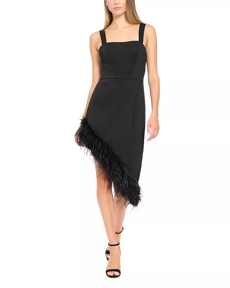 Donna Morgan Square Neck Asymmetric Feather Trim Dress