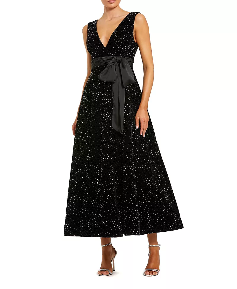 Mac Duggal Embellished Velvet Midi Dress With Bow