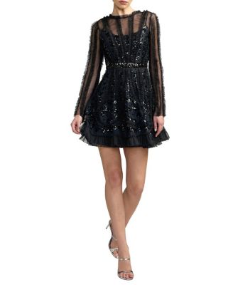  Long Sleeve Sequin Ruffle Mini Dress
