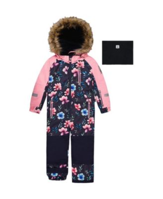 Girls' Play Floral Faux Fur Hood & One Piece Snowsuit - Little Kid, Big Kid