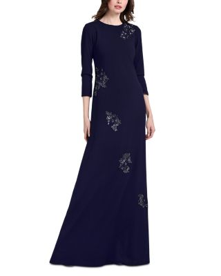 Beaded Flower Stretch Crepe Gown