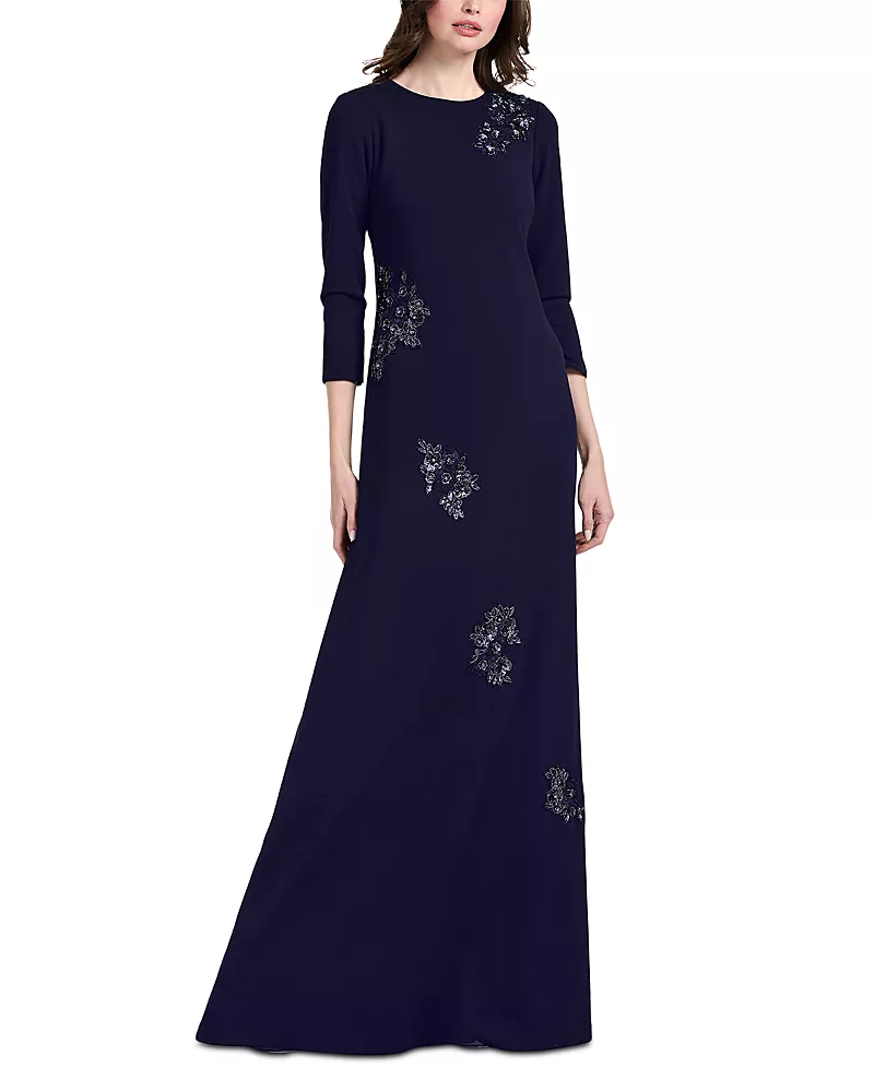 Emily Shalant Beaded Flower Stretch Crepe Gown