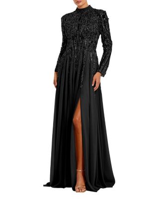 Mac Duggal Embellished Long Sleeve Chiffon Skirt Gown