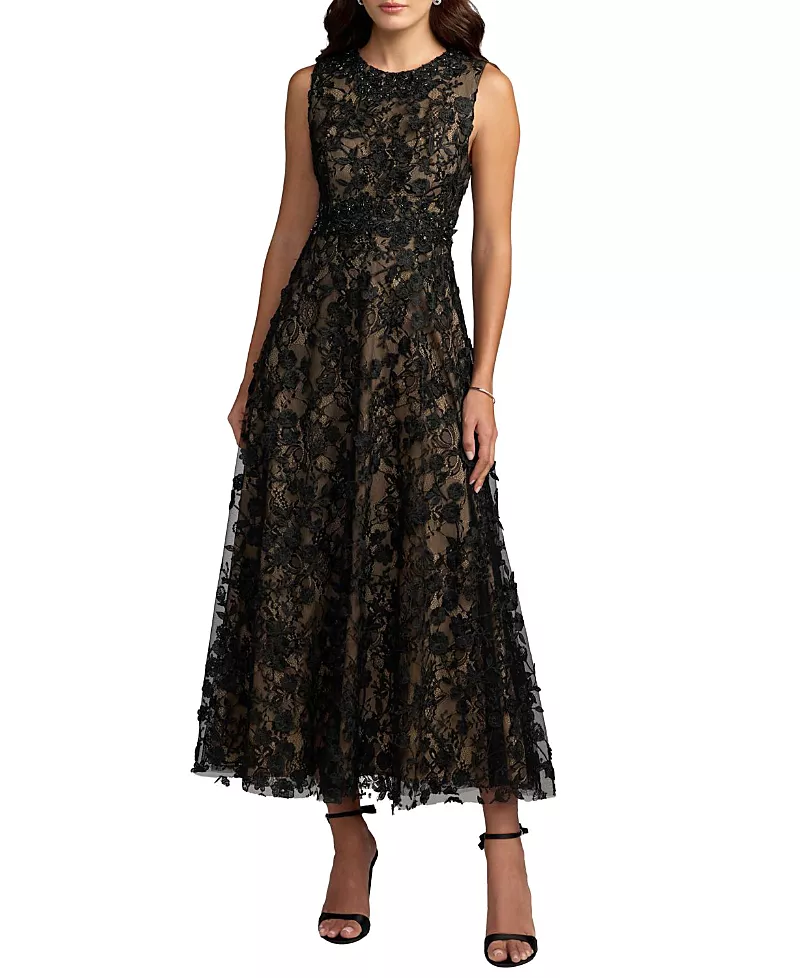 Mac Duggal Petite Floral Embroidered High Neck Midi Dress