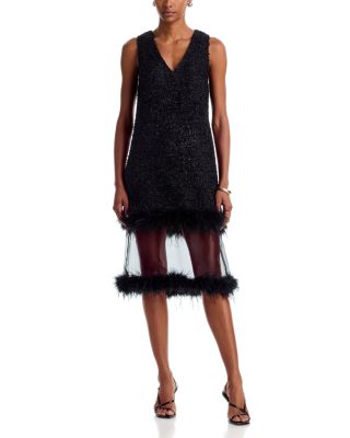 Aqua Sequinned Tweed Feather Trim Dress - Exclusive
