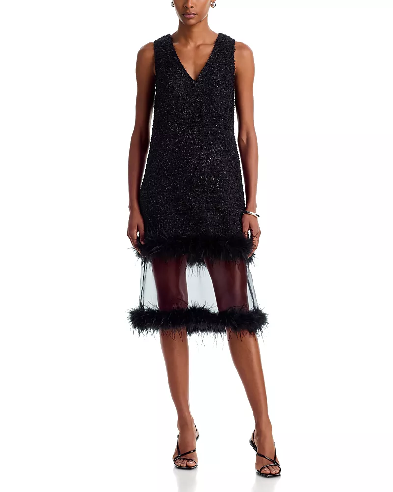Aqua Sequinned Tweed Feather Trim Dress - Exclusive