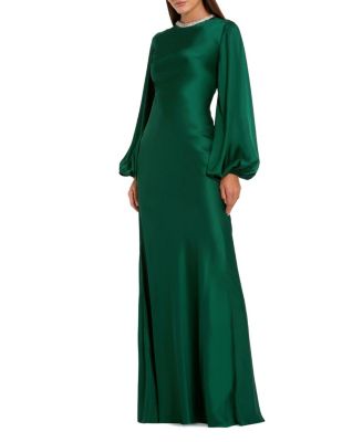  Satin Long Blouson Sleeve Evening Gown