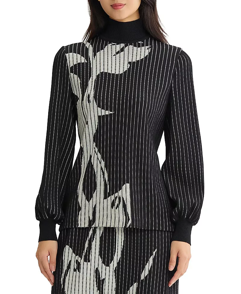 Ming Wang Plus Mock Neck Floral Soft Ribbed Knit Top