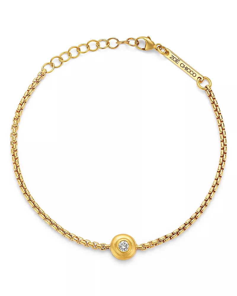 Zoe Chicco 14K Yellow Gold Diamond Solitaire Brushed Bezel Box Link Chain Bracelet, 0.10 tcw