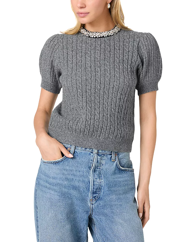 French Connection Avea Cable Knit Embellished Neck Sweater