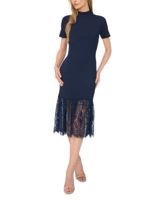 Mock Neck Lace Hem Midi Sweater Dress