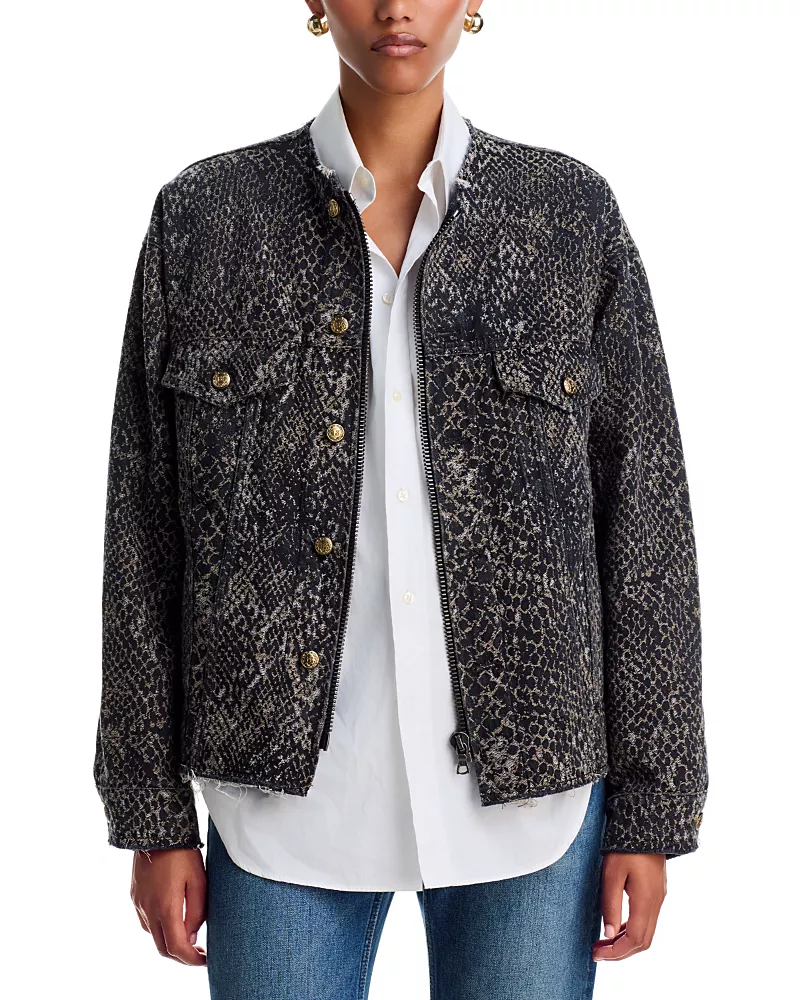 R13 Jacquard Collarless Zip Up Trucker Jacket