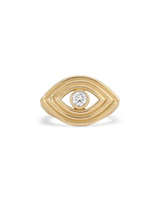 14K Yellow Gold Groovy Diamond Lab Grown Diamond Evil Eye Ring