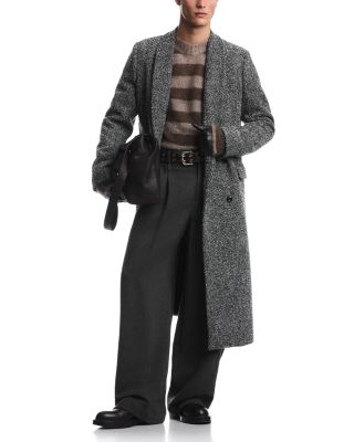 Herringbone Tweed Double Breasted Wool Blend Overcoat