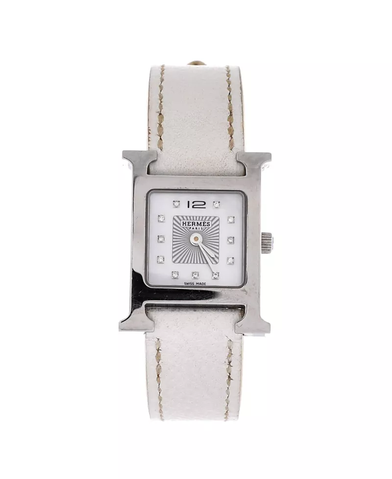 Pre-Owned HERMES Heure H Quartz Watch in Stainless Steel and Leather with Diamond Markers and Mother of Pearl 21mm