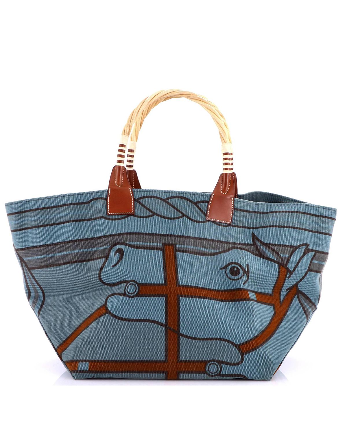 Pre-Owned HERMES Sac Steeple Tote Printed Toile with Wood
