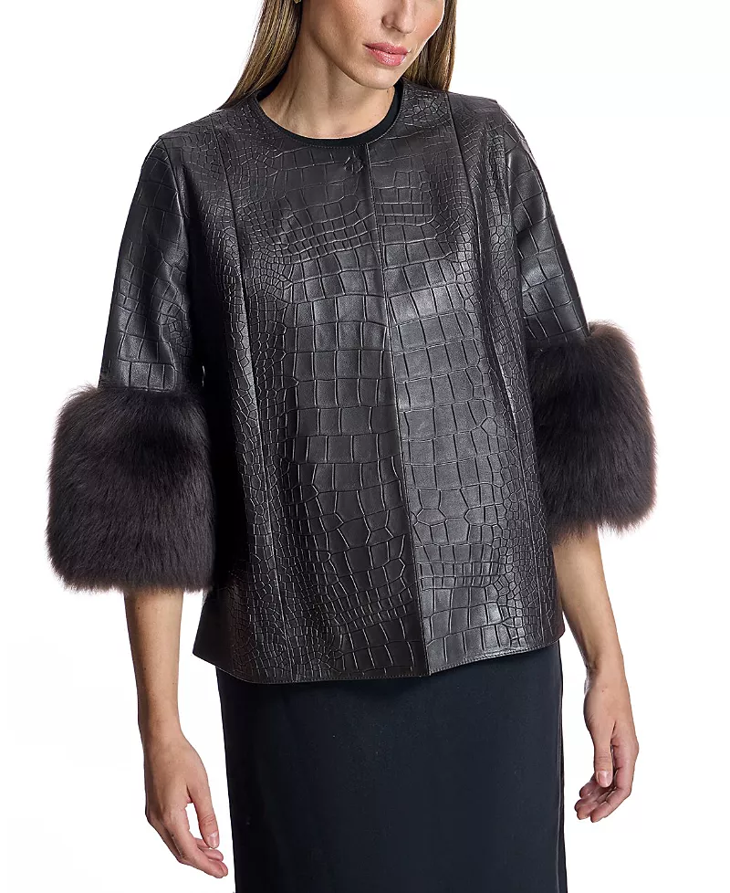 Maximilian Croc Embossed Leather Jacket with Shearling Lamb Cuff Trim