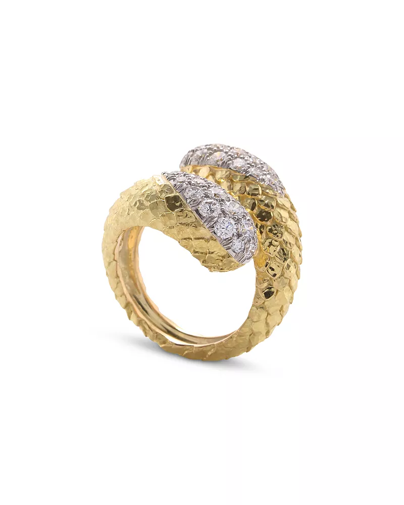 David Webb Platinum & 18K Yellow Gold Park Avenue Diamond Textured Bypass Ring, 1.63 tcw