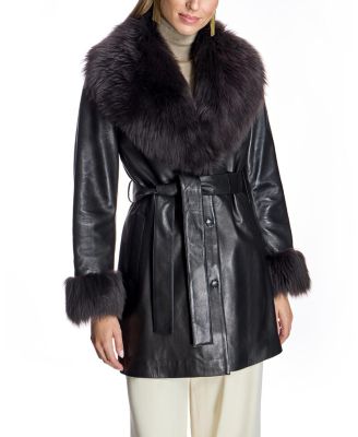 Belted Leather Coat with Shearling Collar